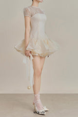 kelly sequin lace puffy mini dress in white