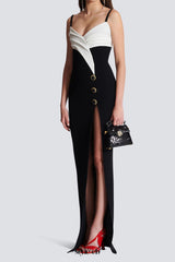 Two-tone crepe maxi dress with leg slit