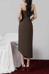 adelaide Strapless Asymmetric Midi Dress in brown