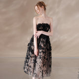 anna crystal floral embroidery midi dress in black