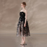 anna crystal floral embroidery midi dress in black