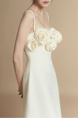 A-line Flower Applique Linen Rayon Midi Dress