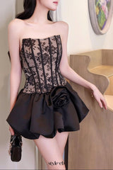 Flower bud puffy strapless mini dress in black