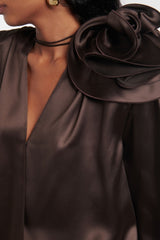 Daiki Satin Flower Appliqué Blouse