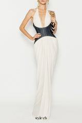 Daryle Halter Denim Corset Ruched Maxi Dress