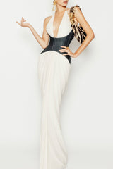 Daryle Halter Denim Corset Ruched Maxi Dress