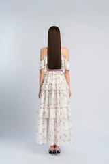 floral print bow collar ruffle flared maxi dress