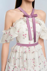 floral print bow collar ruffle flared maxi dress