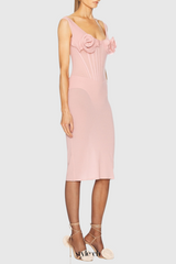 Dinella Floral Appliqué Corset Midi Dress in Pink