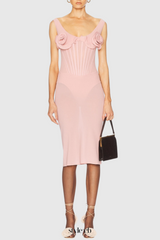 Dinella Floral Appliqué Corset Midi Dress in Pink