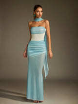 maggie off-shoulder Rhinestone Scarf Mesh Maxi Dress