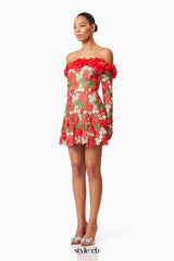 genevieve Rose flower strapless mini Dress In Red