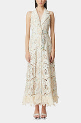 chloe sleeveless hollow lace maxi dress in beige