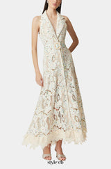chloe sleeveless hollow lace maxi dress in beige