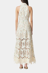 chloe sleeveless hollow lace maxi dress in beige