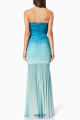 Gradient Mesh Splicing Bodycon Strapless Maxi Dress In Blue