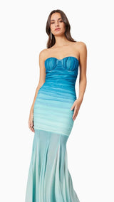 Gradient Mesh Splicing Bodycon Strapless Maxi Dress In Blue
