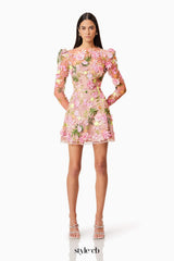 caitlin A-line Floral long sleeve Mini Dress In Pink