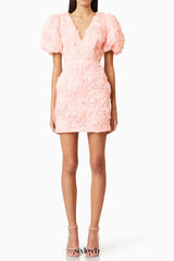 v-neck flower embellished puff Mini Dress in Ballet Pink