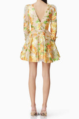 Aella A-Line floral embroidery Mini Dress in Yellow
