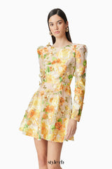 Aella A-Line floral embroidery Mini Dress in Yellow