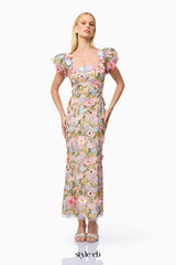 Nydia multicolor Square collar with 3D flower embroidery maxi dress