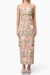 Helena Strapless Midi Dress In Floral apricot