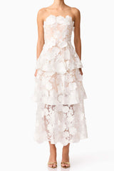 Selene 3D flower Tiered Maxi Dress In White
