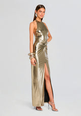 Champagne gold halter neck backless slit gown