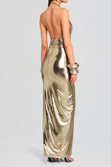 Champagne gold halter neck backless slit gown