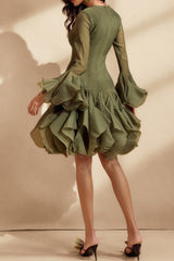 xanthe Flare Sleeve Button Mini Dress In Green