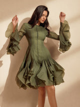 xanthe Flare Sleeve Button Mini Dress In Green