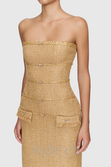 Elborno Gold Embellished Strapless Midi Dress