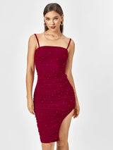 Embellished Bead Ruched Zipper Back Mesh Dress