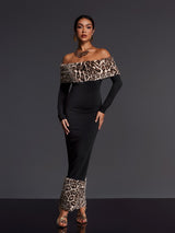 clara Off Shoulder Leopard furry Maxi Dress in black