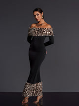 clara Off Shoulder Leopard furry Maxi Dress in black