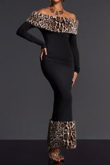 clara Off Shoulder Leopard furry Maxi Dress in black
