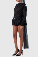 Ephai Ruched Chiffon Ruffle Two Piece Set - Black