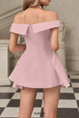 metal detail a-line off-shoulder mini dress in Pink