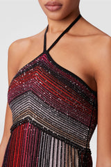 Halter Metallic Gradient Knit Maxi Dress - Red