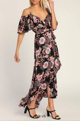 Bloomed Floral Off-the-Shoulder Maxi Wrap Dress in Black
