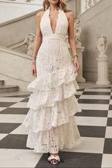 hazel white Deep V-neck halterneck layer ruffle trim maxi dress