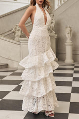 hazel white Deep V-neck halterneck layer ruffle trim maxi dress