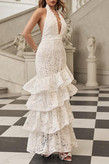 hazel white Deep V-neck halterneck layer ruffle trim maxi dress