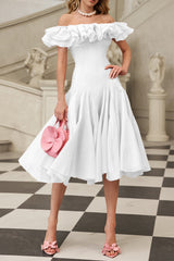 apphia Off Shoulder Ruffle Midi Dress In white