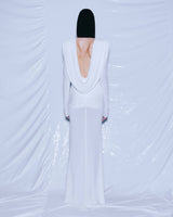 long sleeve draped cowl neck maxi dress in white