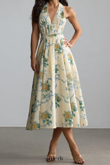 deirdre Floral Print Deep V Neck Midi Dress in yellow