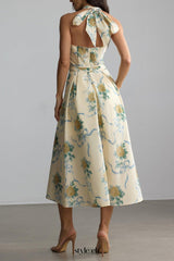 deirdre Floral Print Deep V Neck Midi Dress in yellow