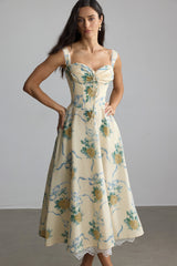 daphne Floral Print Sweetheart Midi Dress in yellow