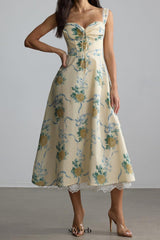 daphne Floral Print Sweetheart Midi Dress in yellow